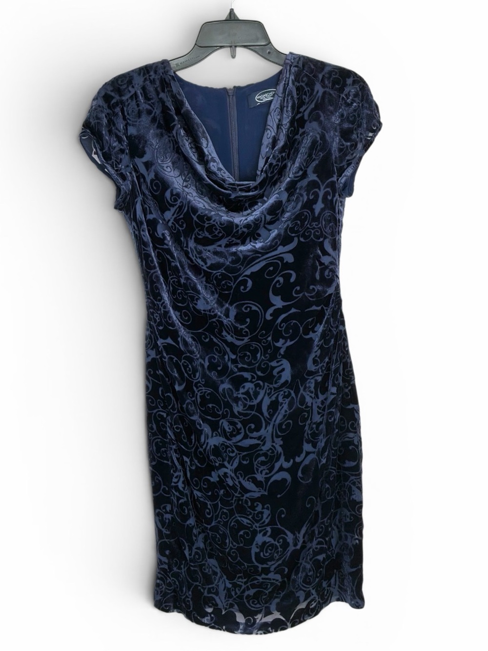 Magashoni Velvet Burnout Cowl Neck Dress in Deep Navy Size 4